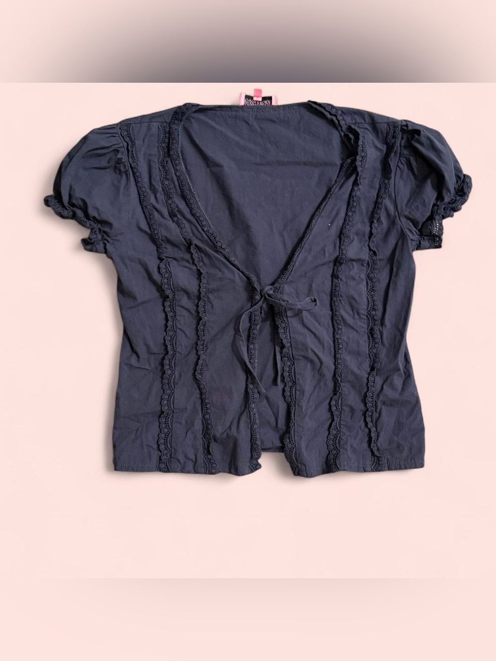 Edikted Navy Tie-Front Puff Sleeve Blouse